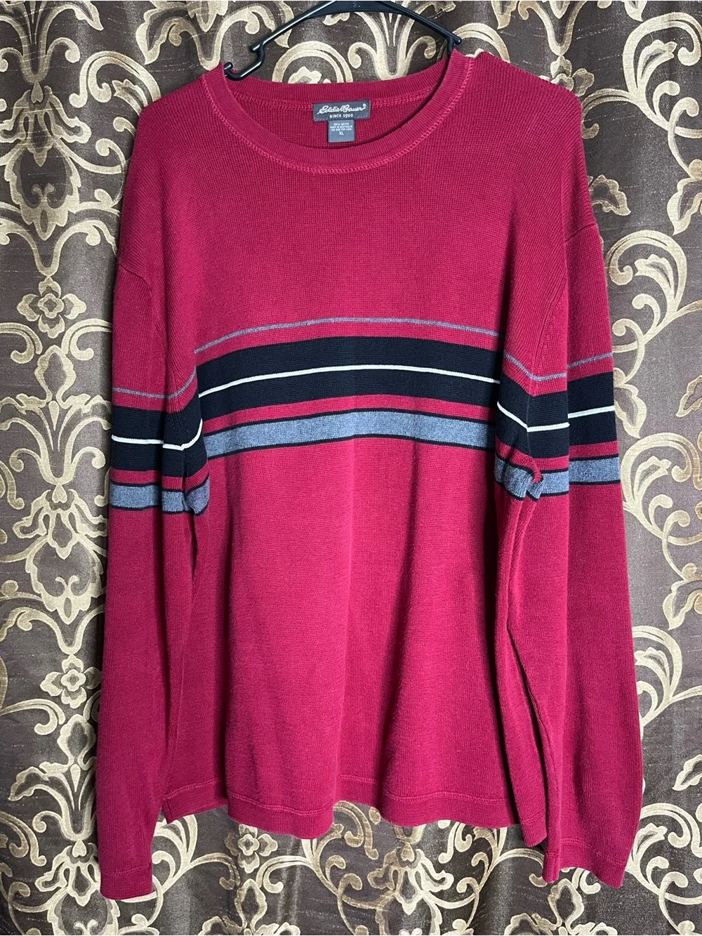 Eddie Bauer Men's Red Crewneck Stripe Sweater